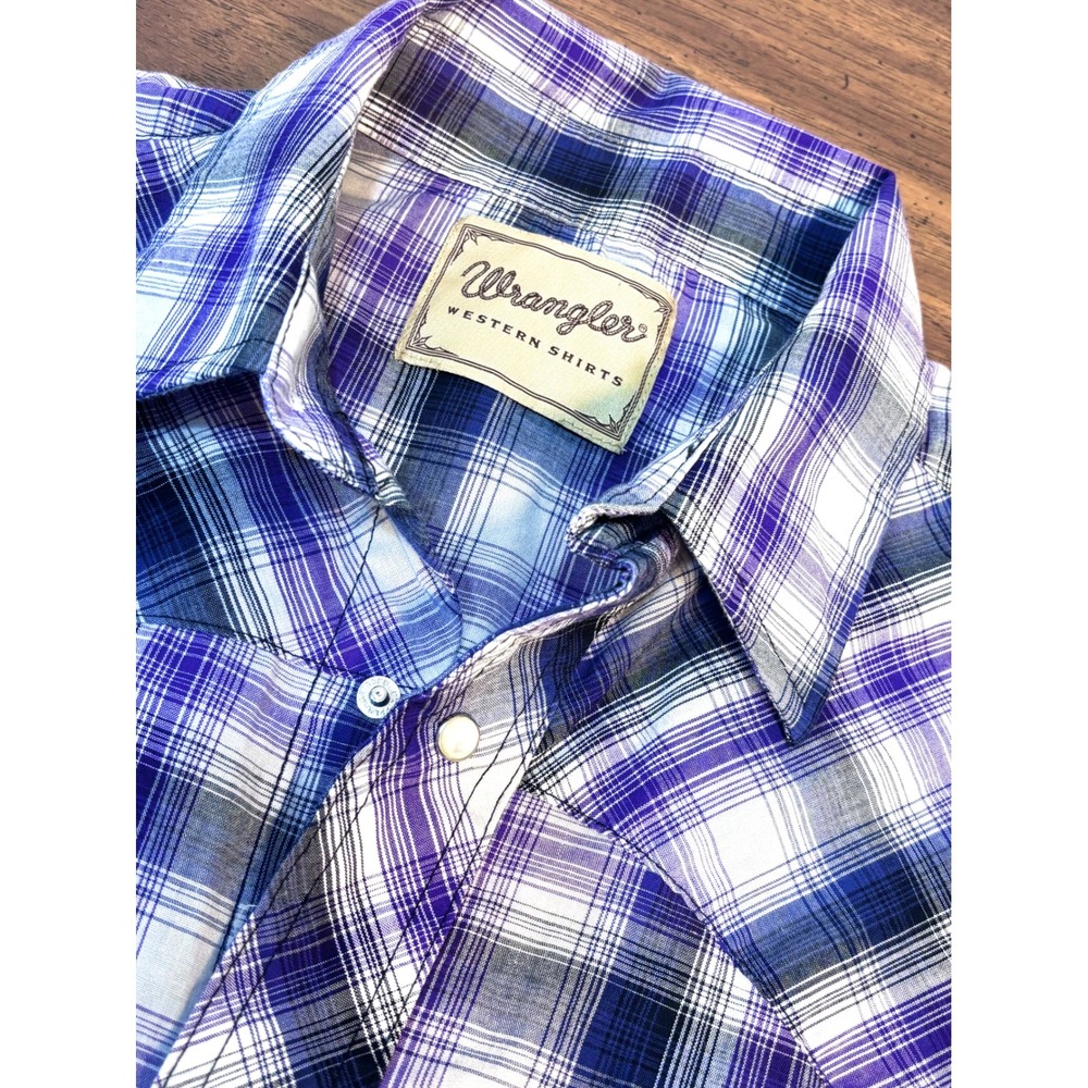 Wrangler Western Shirt Mens XL Purple Plaid Pearl Snap Short Sleeve Cowboy XL